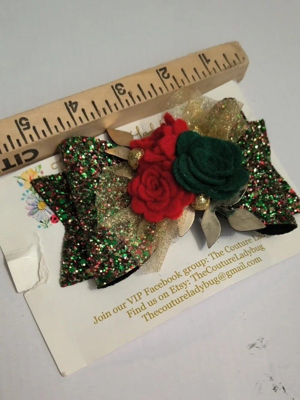 Couture Ladybug Glitter Rose Hair Clip - Red & Green